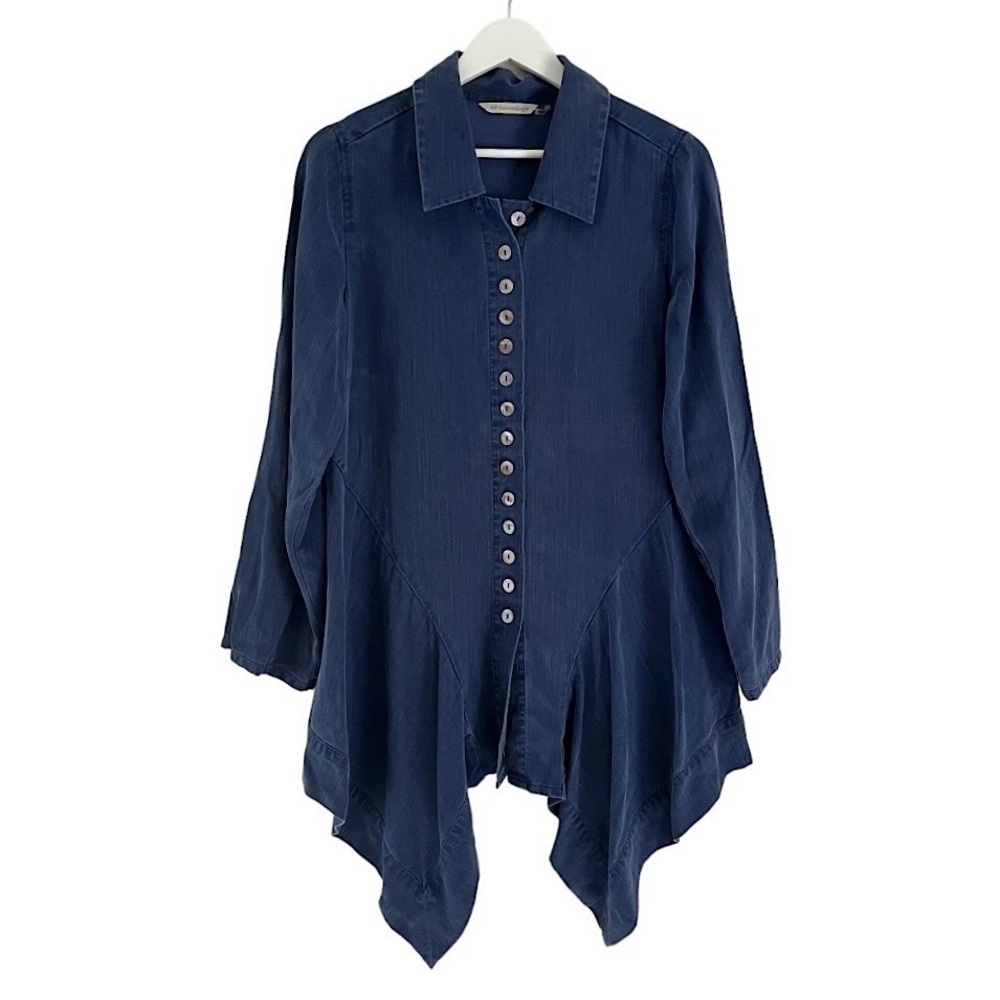 Soft Surroundings Women’s Chambray Sharkbite Hem Tunic Top Blue Size Xs